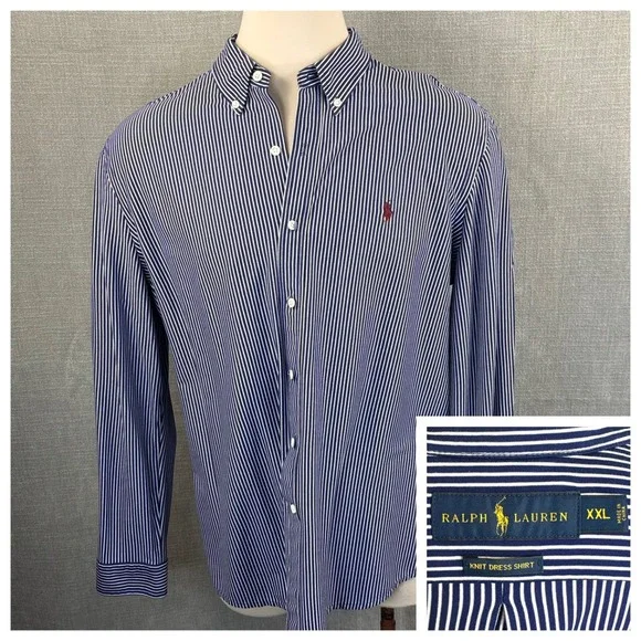 Ralph Lauren Mens XXL Knit Dress Shirt Blue White Striped Long Sleeve - Picture 1 of 6
